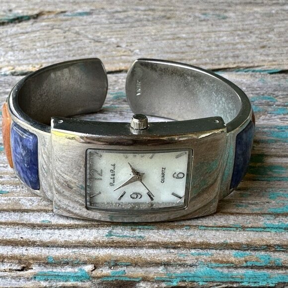 VTG Peck Peck Watch Cuff Bracelet‎ Natural Gemstone Cabochon Inlay Video 6.5 - Picture 7 of 9